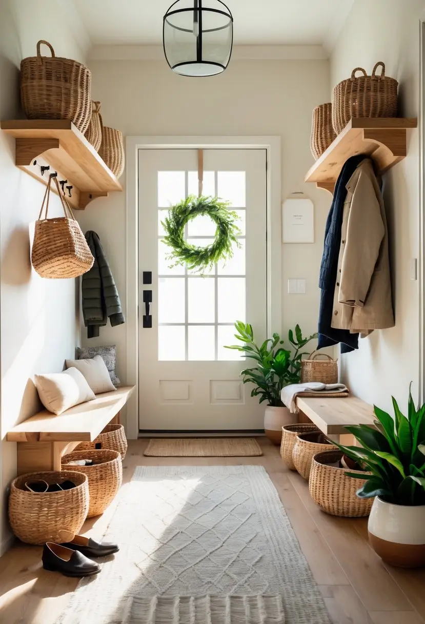 An entryway with woven baskets used for storage on shelves, under a bench, and on the floor, surrounded by coats, shoes, and plants.