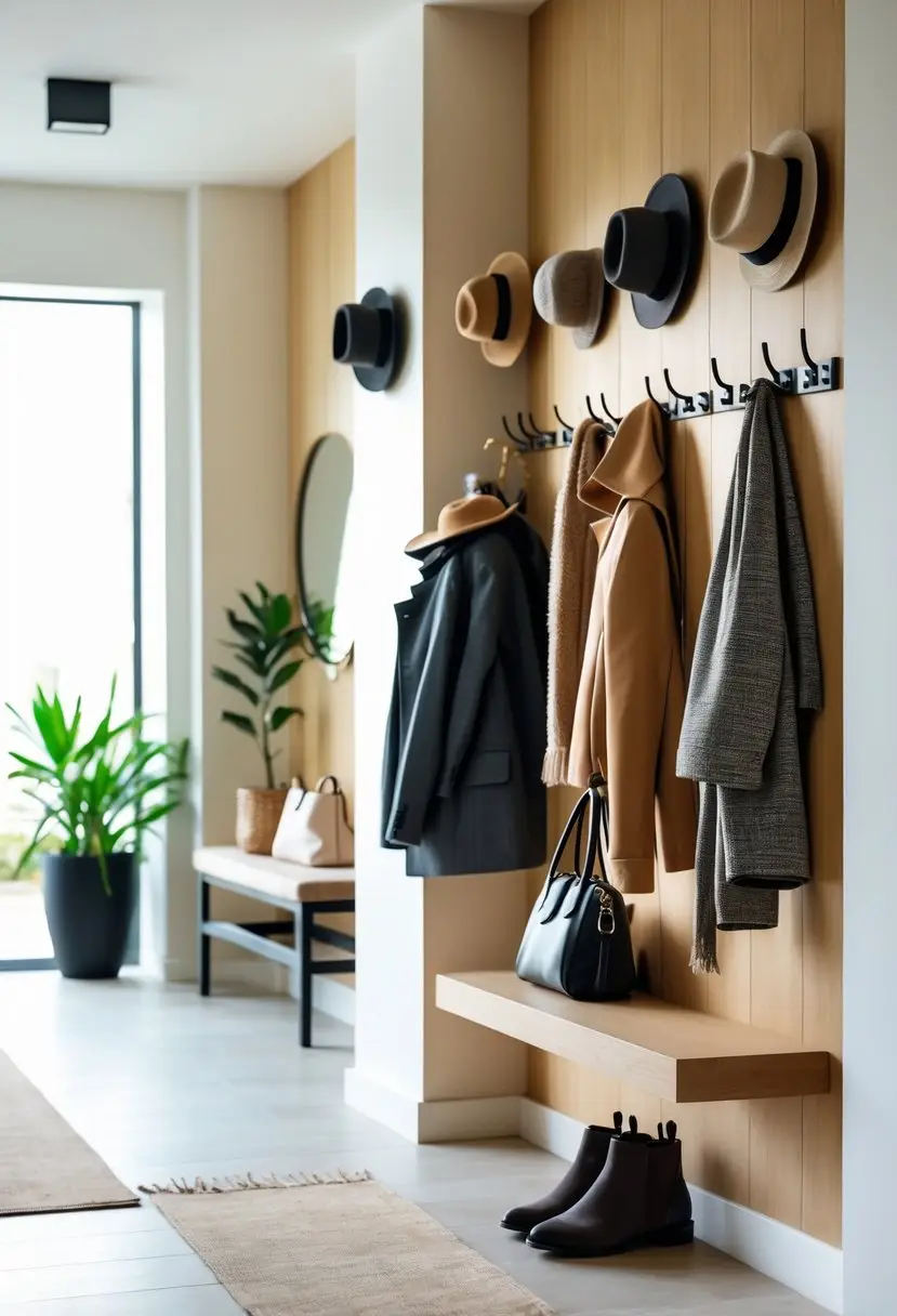 Entryway with wall-mounted coat hooks holding coats, hats, and bags in an organized and tidy hallway.