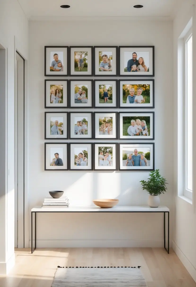 An entryway with a gallery wall displaying 20 framed family photos above a console table with decorative items.