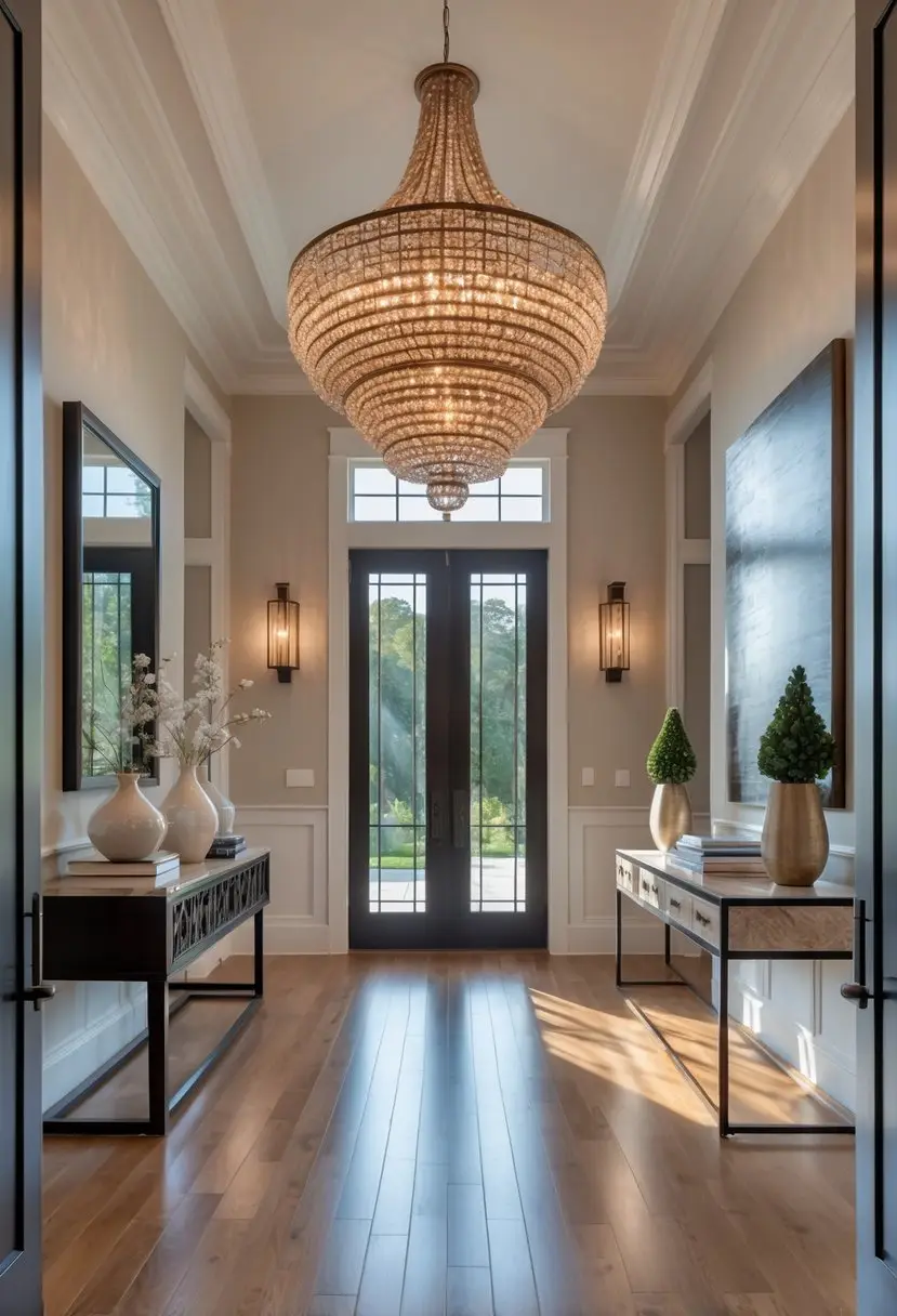 An entryway with a large pendant chandelier hanging from the ceiling, a console table with decorations, and natural light filling the space.