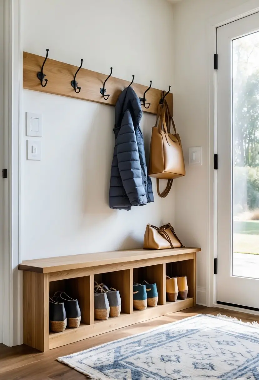 An entryway with a wooden bench and shoe cubbies filled with shoes, coats hanging on hooks above, and a rug on the hardwood floor.
