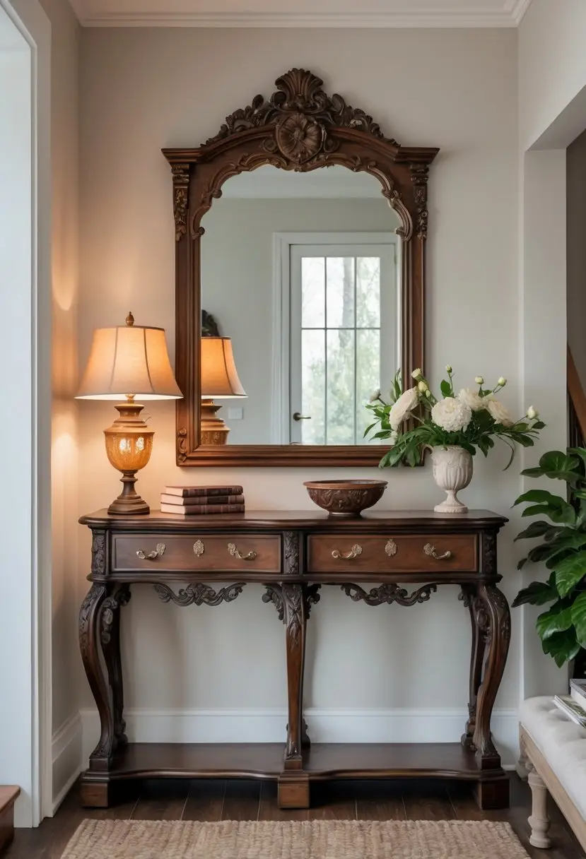 Entryway with an antique wooden console table decorated with a lamp, flowers, books, and a mirror above it.