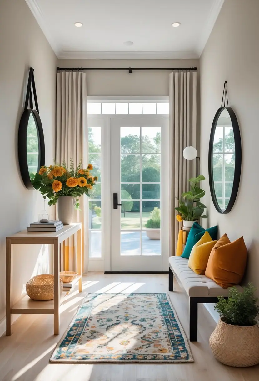 An entryway with a wooden console table, round mirror, bench with cushions, patterned rug, and decorative plants and accessories.