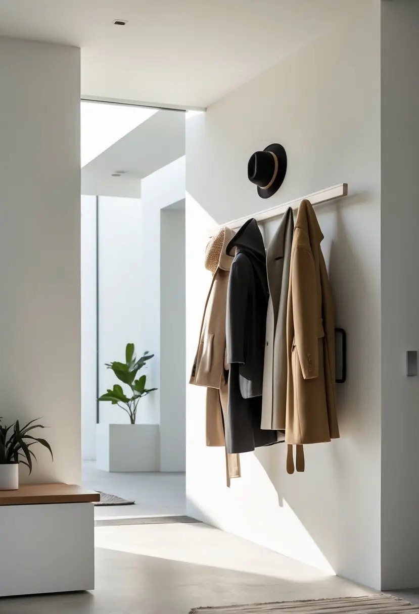 An entryway with a floating coat rack holding coats and hats above a bench and shoe storage, with a small plant nearby.