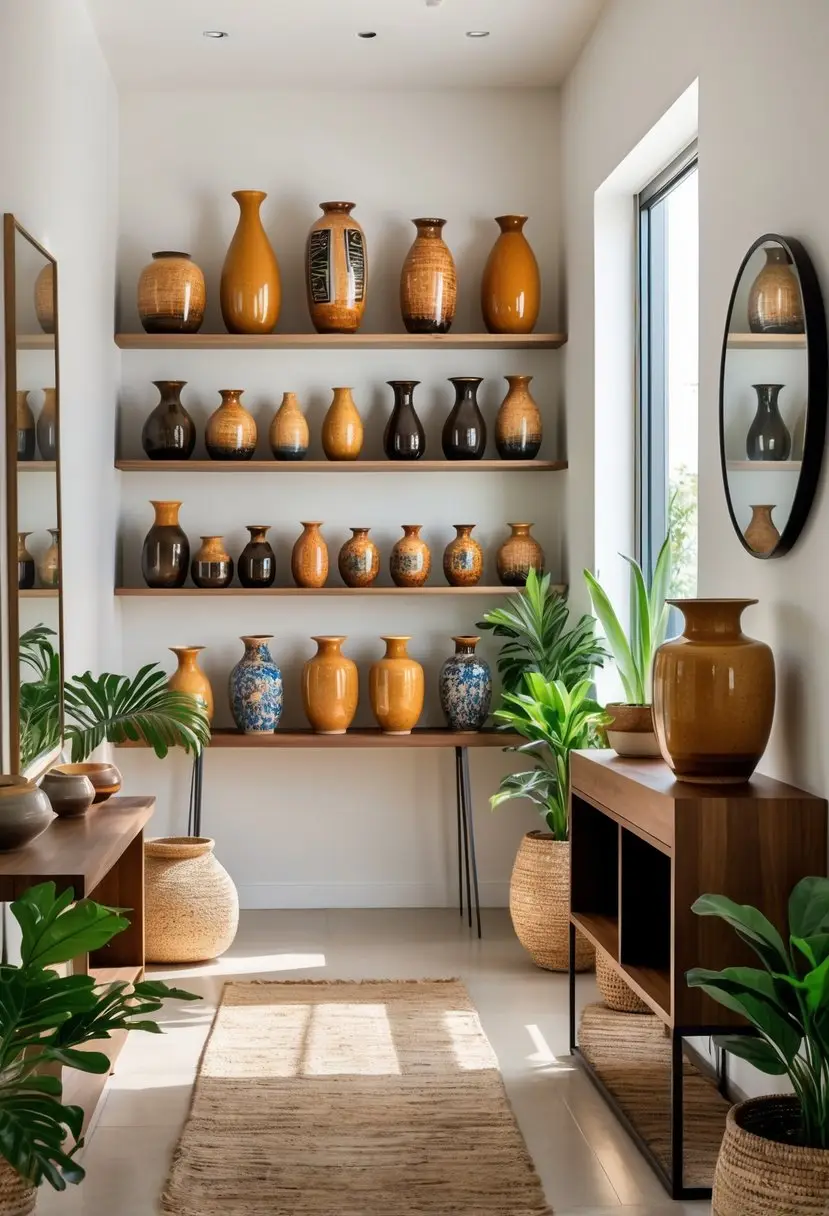 An entryway decorated with various ceramic vases placed on tables and shelves, accompanied by plants and a mirror.