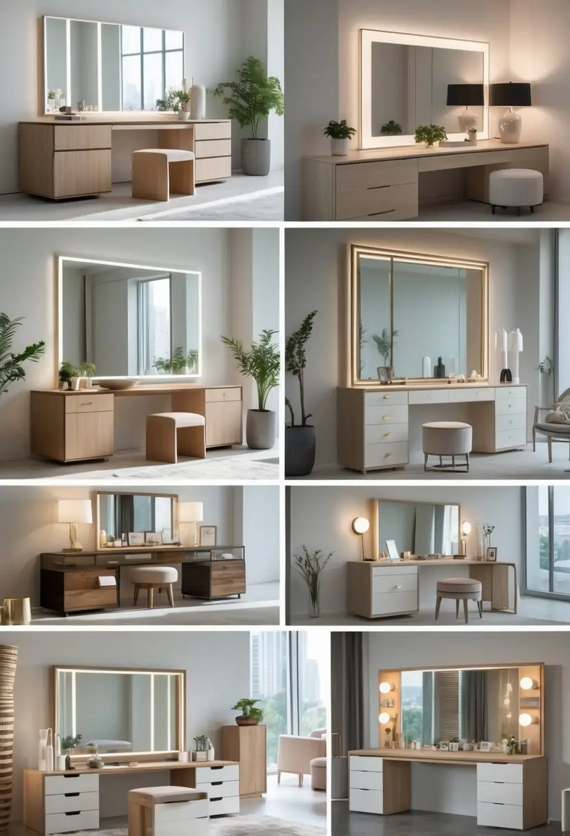 A showroom displaying ten different modern bedroom dressing tables with mirrors and stools arranged neatly.