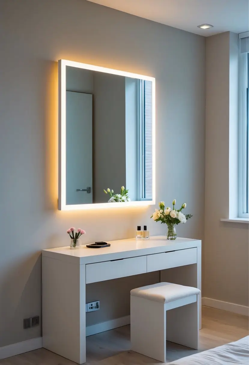 A modern bedroom with a floating mirror illuminated by LED backlight above a dressing table with decorative items.