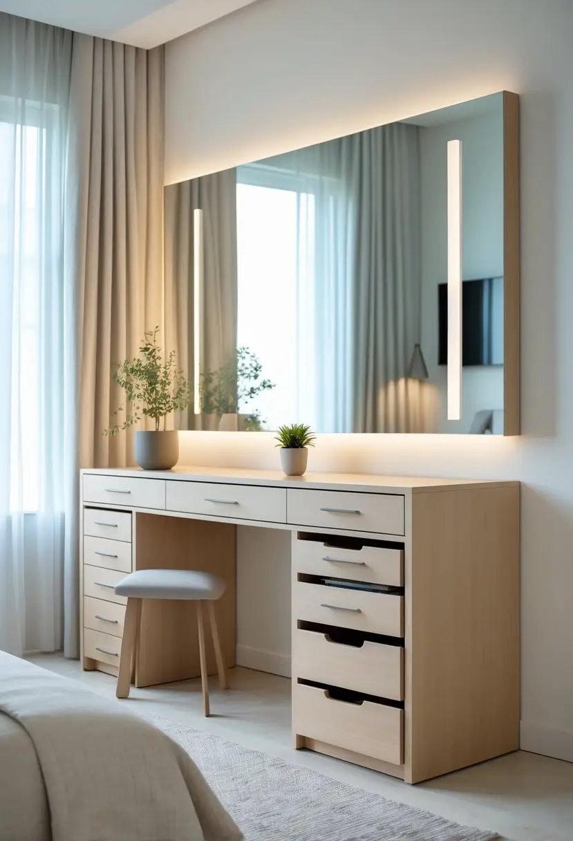 A modern bedroom with a light wood dressing table featuring multiple drawers and a large mirror, with a bed and a small plant nearby.