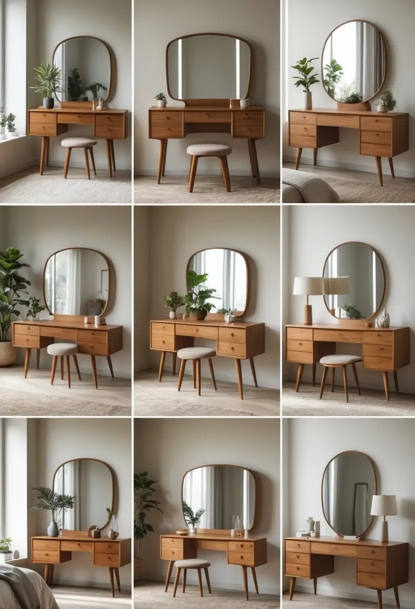 A bedroom with several wooden dressing tables, each with a mirror and stool, arranged neatly in a well-lit room.