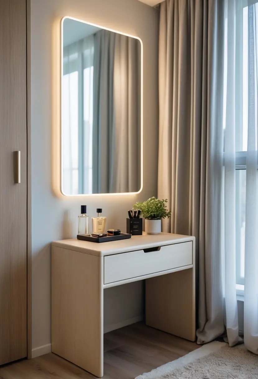 A compact corner dressing table with a mirror and small drawer in a bedroom with wooden floors and soft natural light.