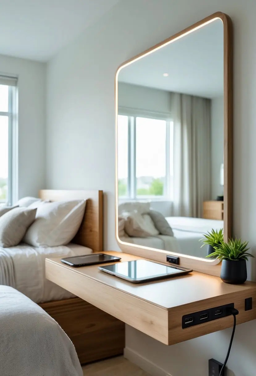 A modern bedroom with a dressing table that has built-in USB ports, a large mirror, and electronic devices charging on the table.
