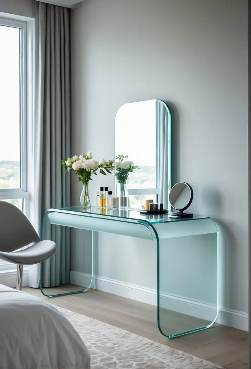 A modern bedroom with a sleek dressing table featuring curved glass edges, a chair, and minimal decor.