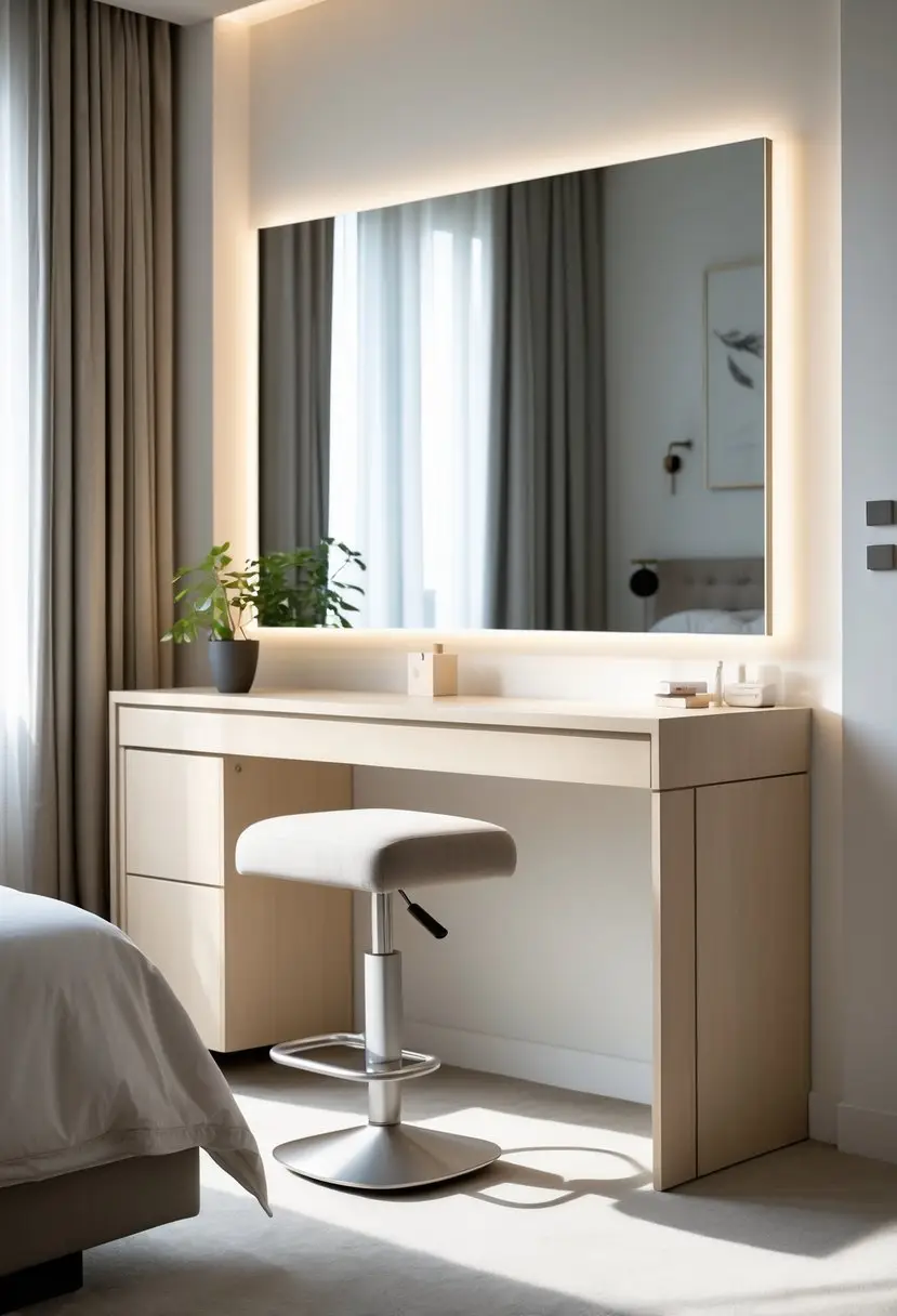 A modern bedroom with a vanity table and an adjustable height stool in front of a large mirror.