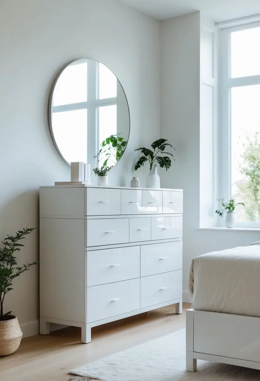 A white lacquered dresser with drawers in a bright bedroom with a mirror and decorative items on top.