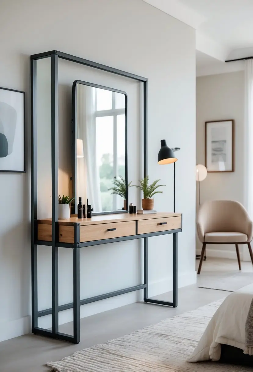 A modern bedroom with a metal frame dressing table featuring a large mirror and a wooden surface, surrounded by a chair and decorative items.