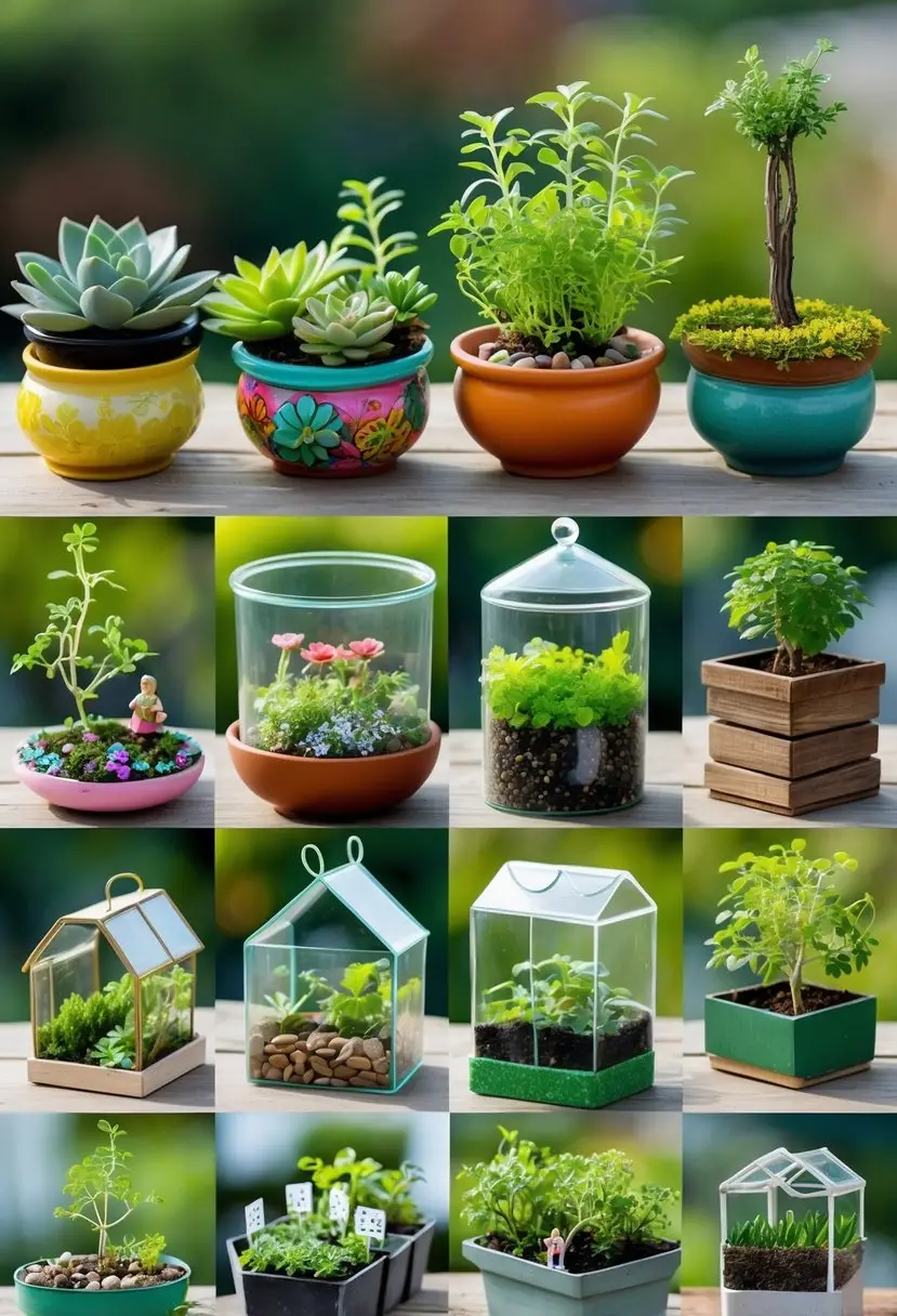A collection of twelve different tiny garden setups including small pots with succulents, herb planters, a vertical wall garden, a terrarium, a miniature fairy garden, hanging planters, a bonsai tree, seedling trays, and small flower arrangements on a wooden table.