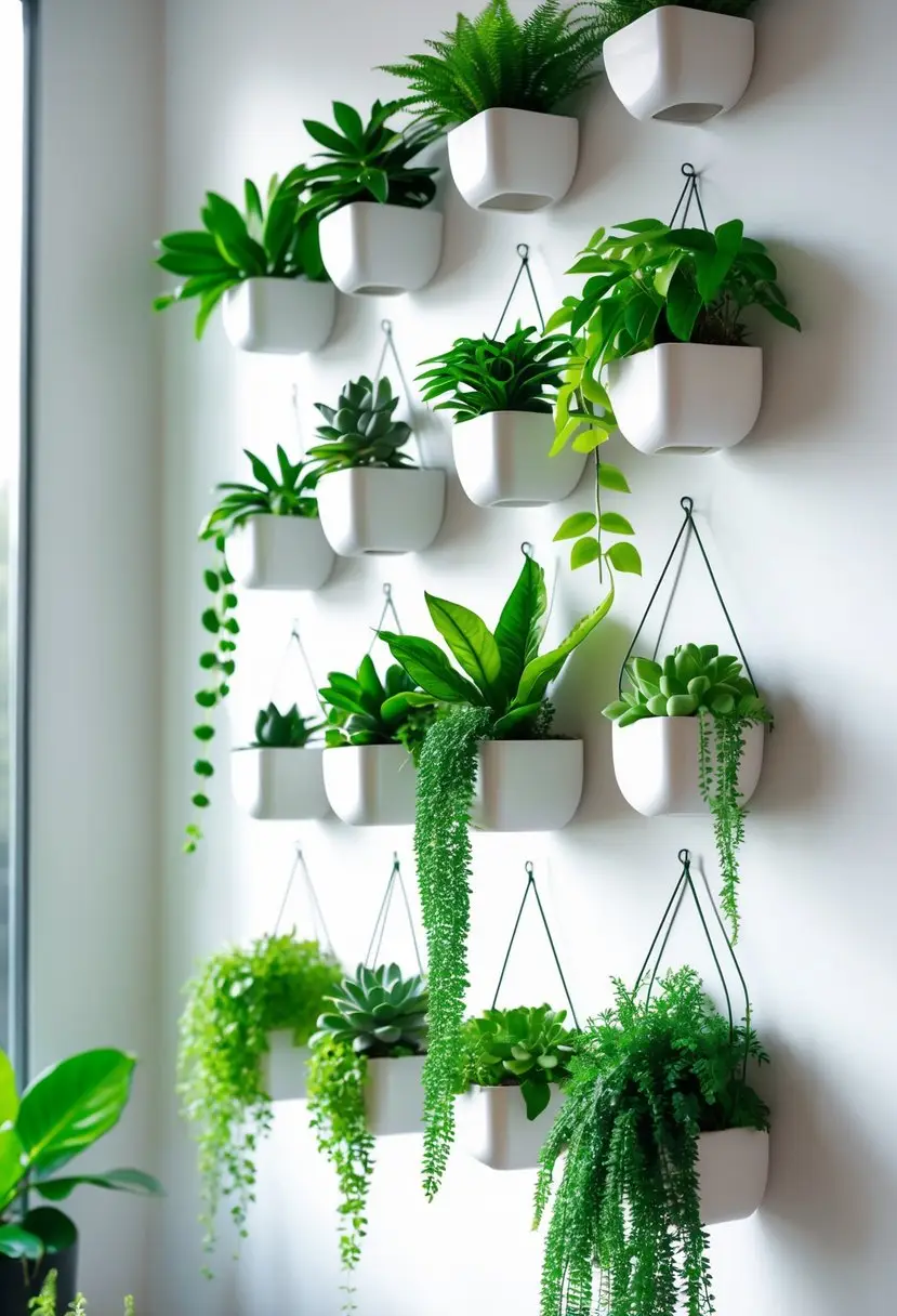 A wall with twelve vertical hanging planters filled with various green plants arranged to save space indoors.