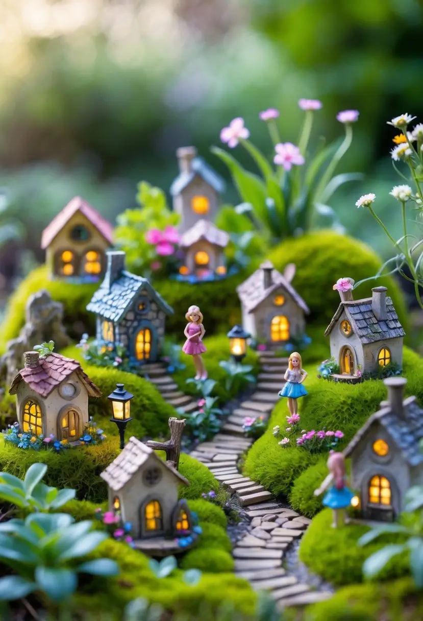 A miniature fairy garden with tiny houses, figurines, plants, and flowers arranged in a small natural setting.