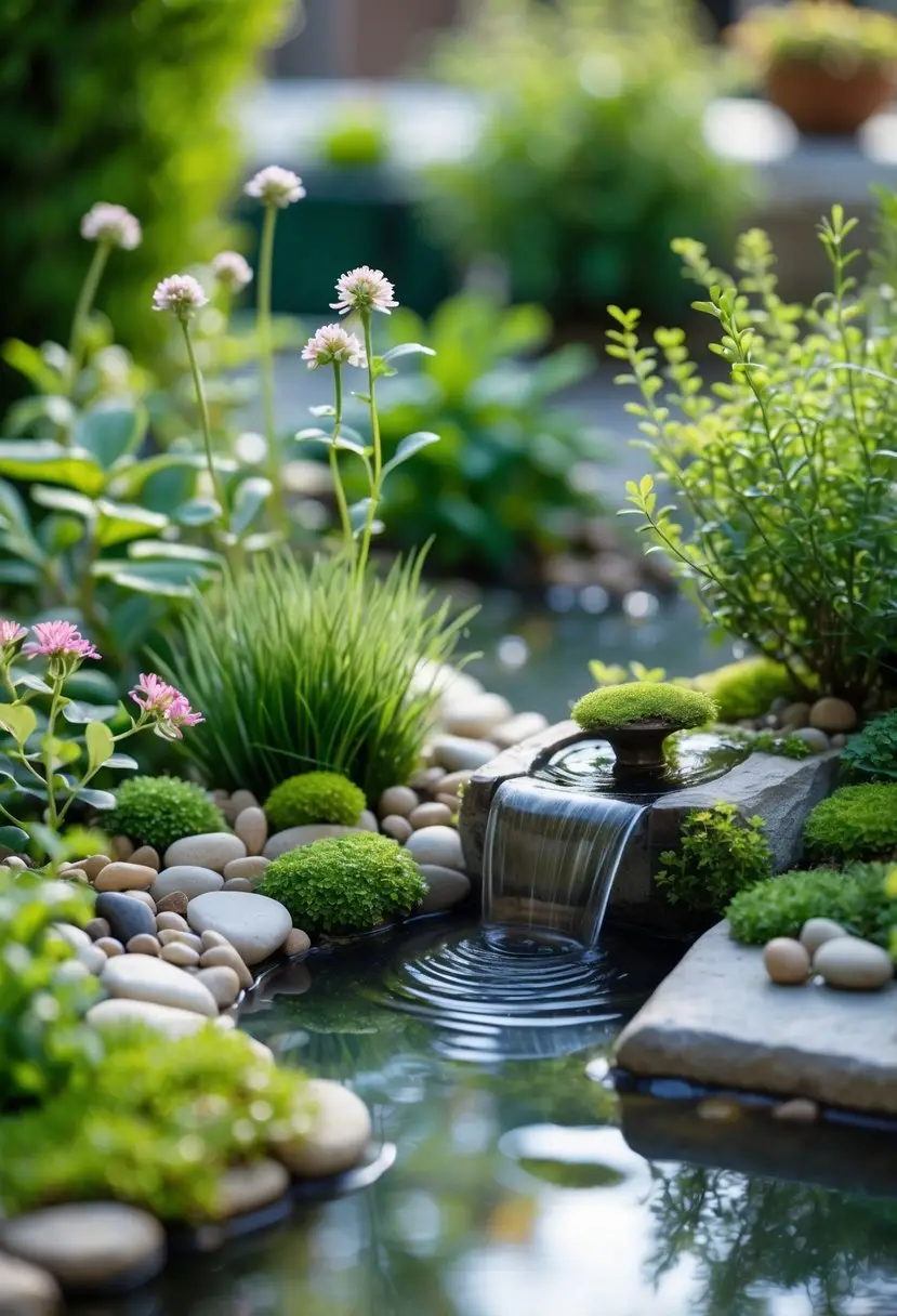 A small garden with a compact water feature including a pond or fountain surrounded by plants and decorative garden elements.