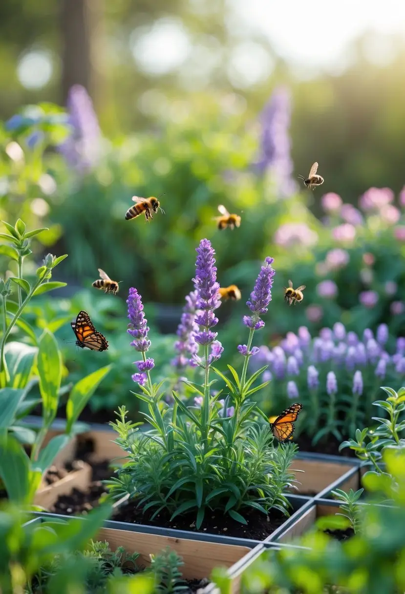 A small garden with blooming lavender and bee balm plants attracting bees and butterflies among twelve tiny garden sections.