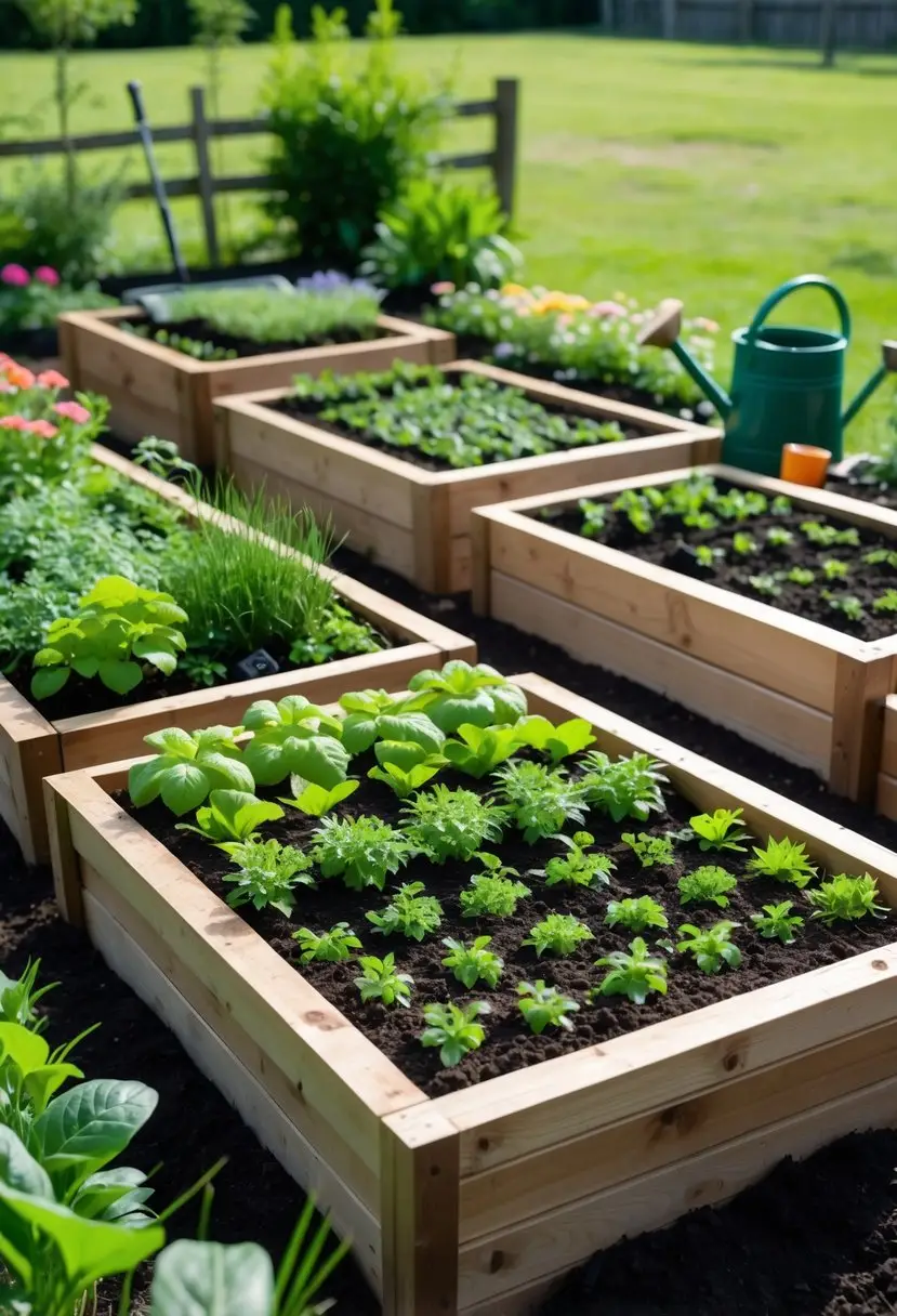 Outdoor garden with multiple wooden raised beds filled with soil and small plants, surrounded by greenery and gardening tools.
