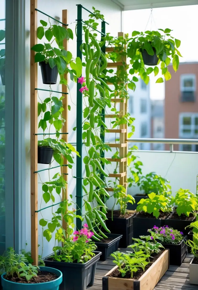 A small garden area with trellises supporting climbing plants in pots and raised beds, maximizing vertical growing space on a balcony.