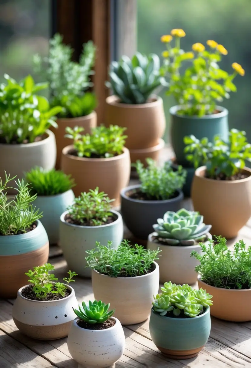 A collection of twelve ceramic pots with various small plants arranged on a wooden surface.