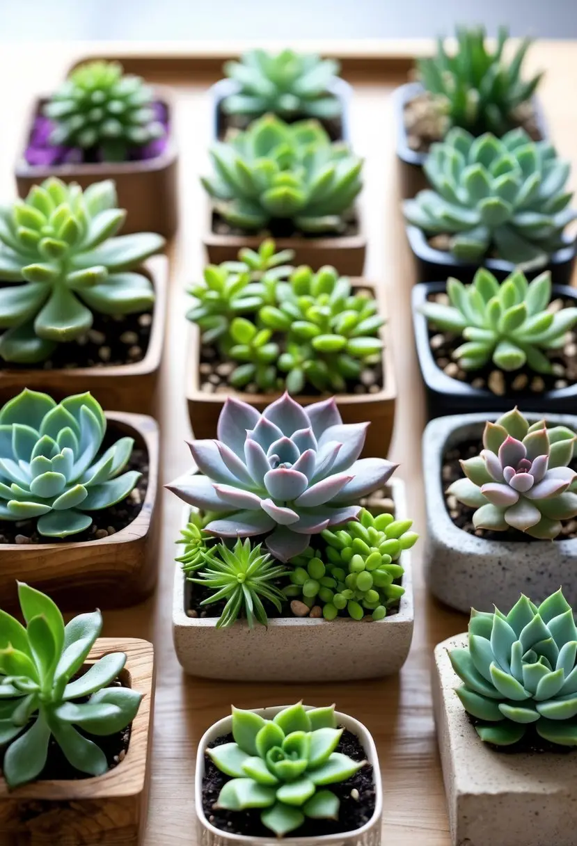 Twelve small succulent arrangements in decorative trays displayed on a wooden surface.
