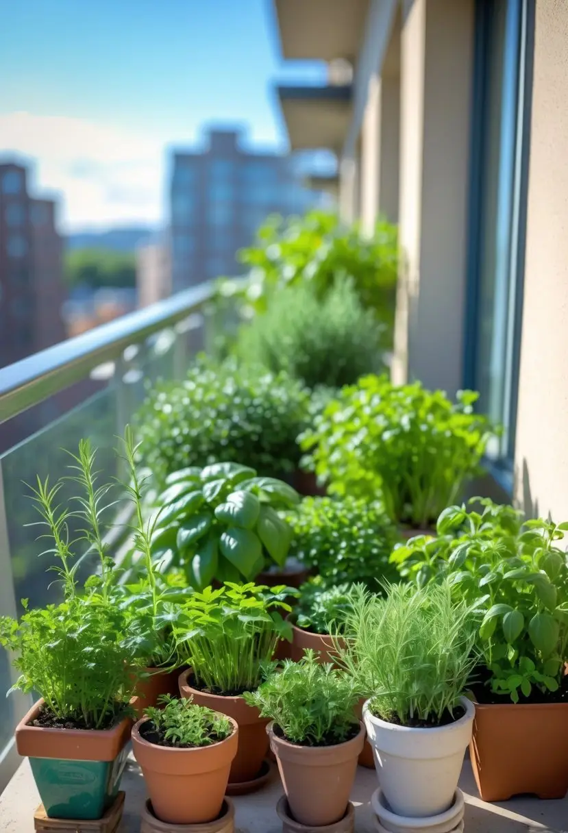 A sunny balcony ledge with twelve small pots of fresh herbs arranged neatly, showing a variety of green plants in different containers.