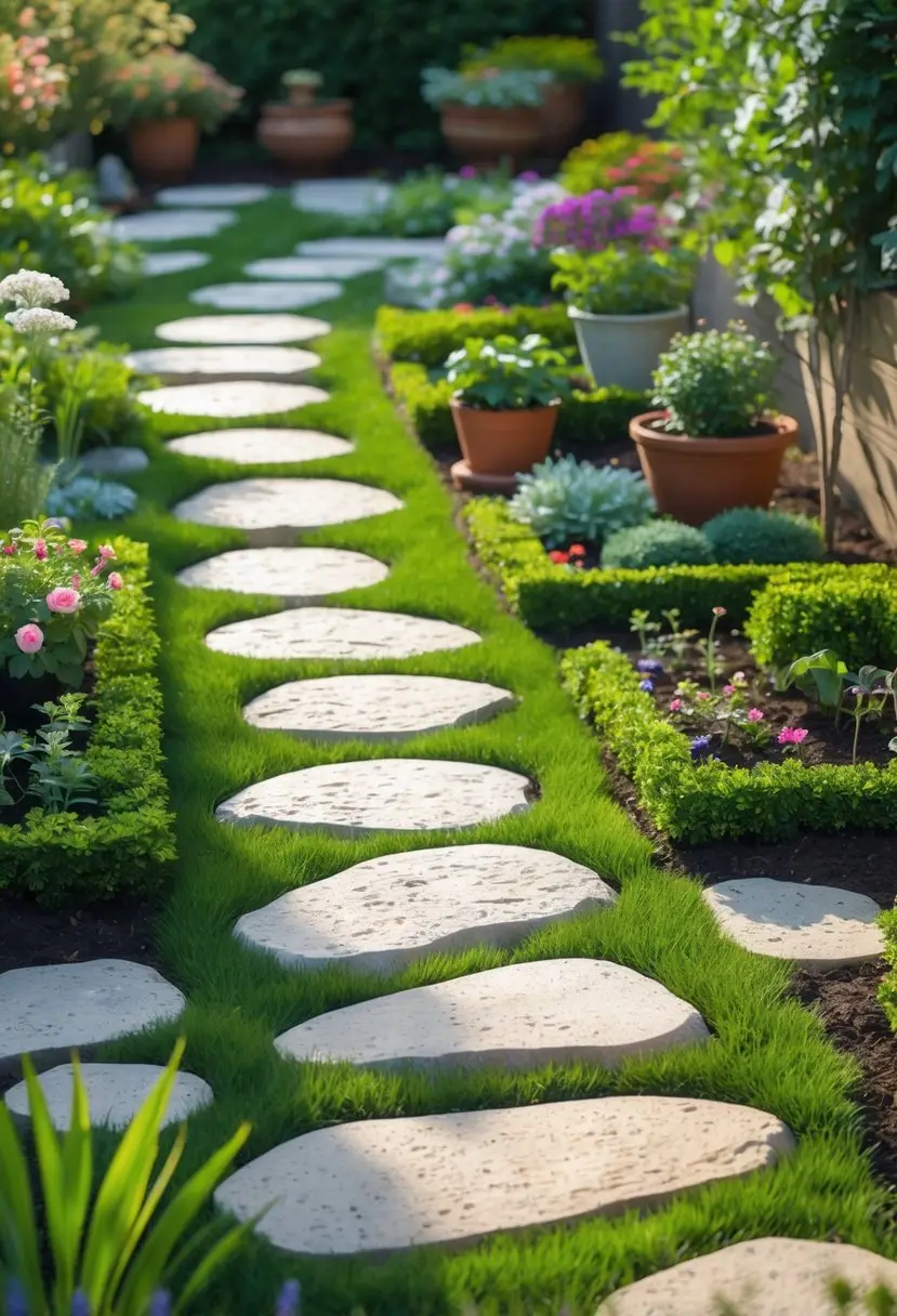 A garden with stepping stone pathways separating small flower beds, potted plants, and trimmed shrubs under soft sunlight.