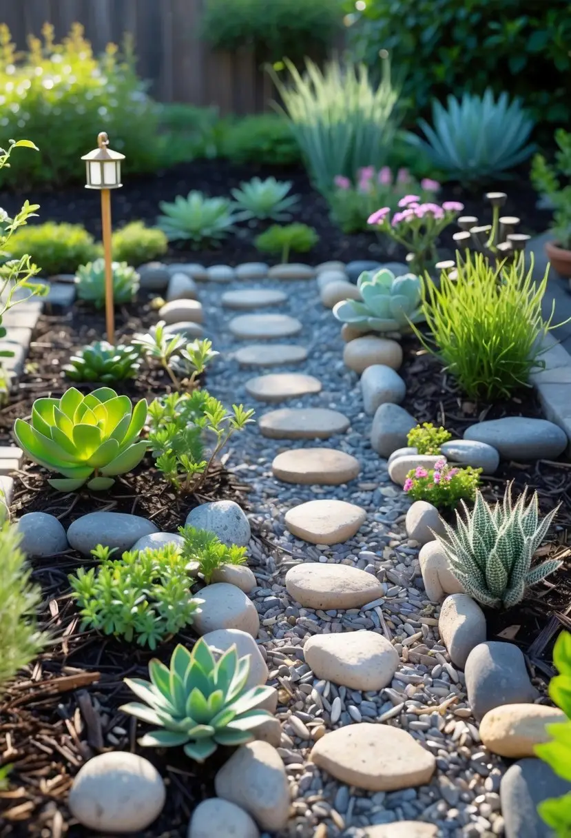 A small garden area with decorative gravel, mulch, miniature plants, stepping stones, and tiny garden decorations.