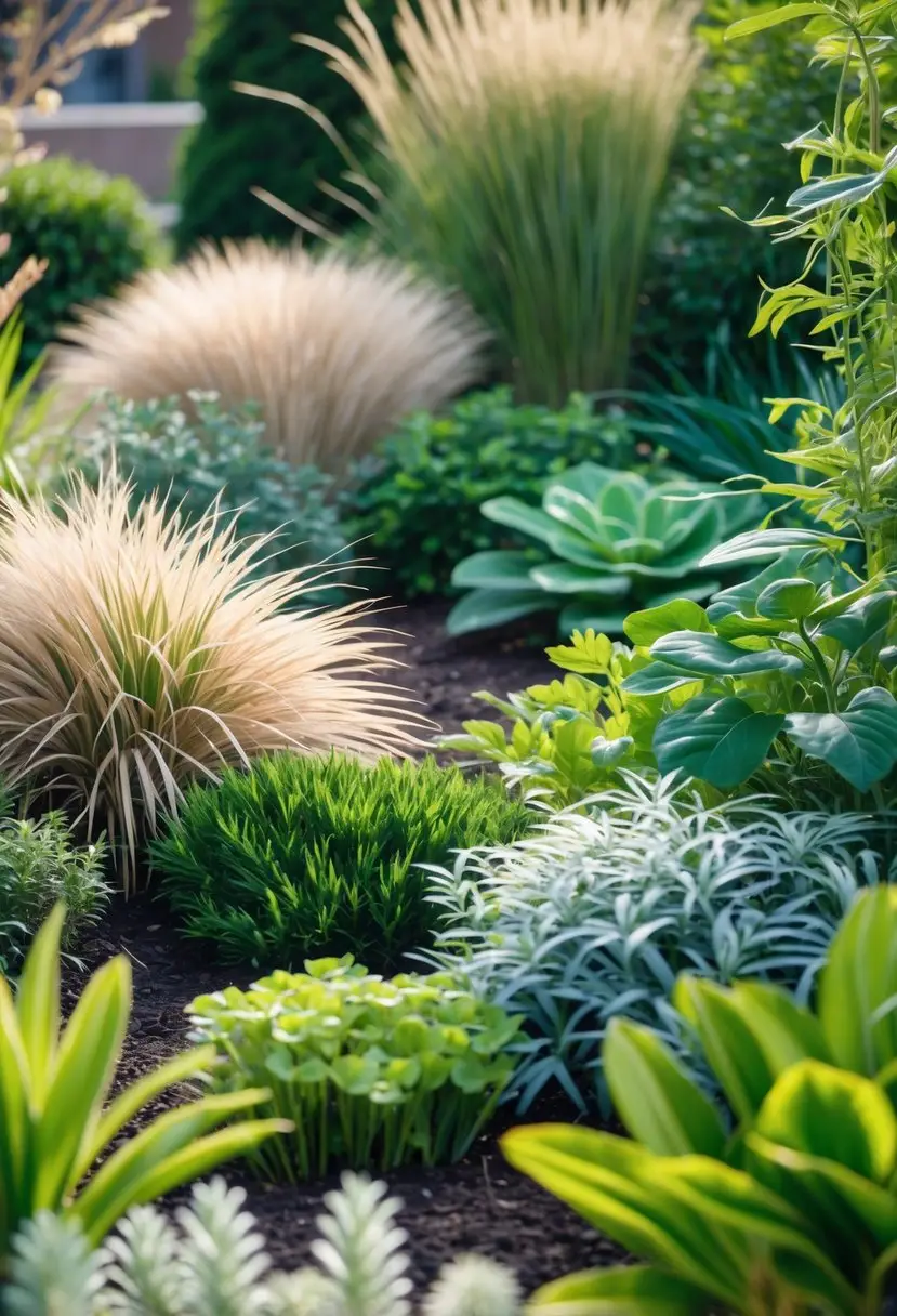 A small garden area with ornamental grasses and various foliage plants arranged in twelve different tiny garden ideas.