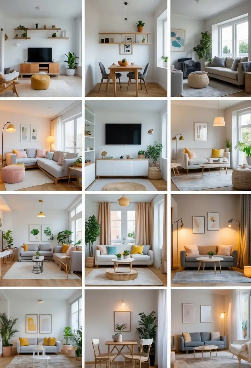 A collage of eight small living rooms, each showing different furniture arrangements and decor ideas to maximize space.