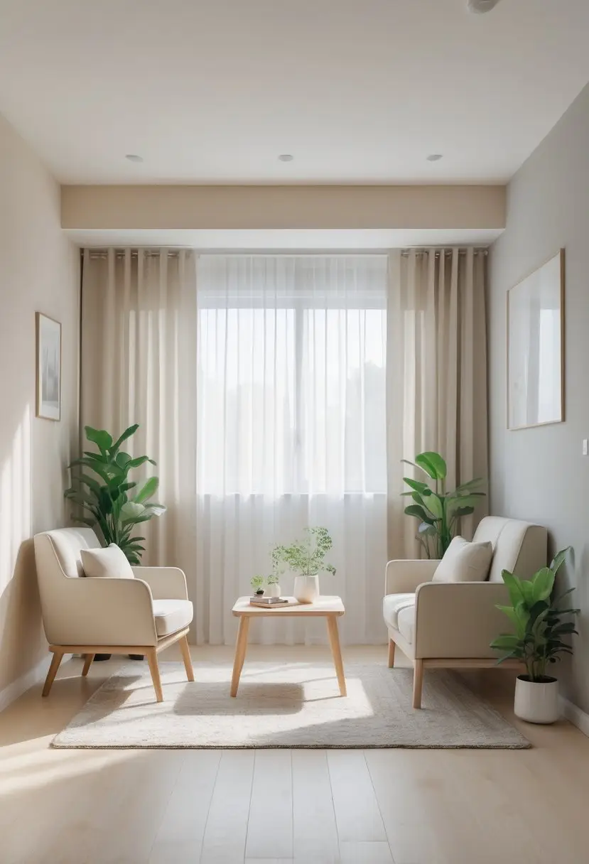 A small living room with light beige and pale gray walls, a compact sofa, armchairs, natural light from large windows, and minimal decor.