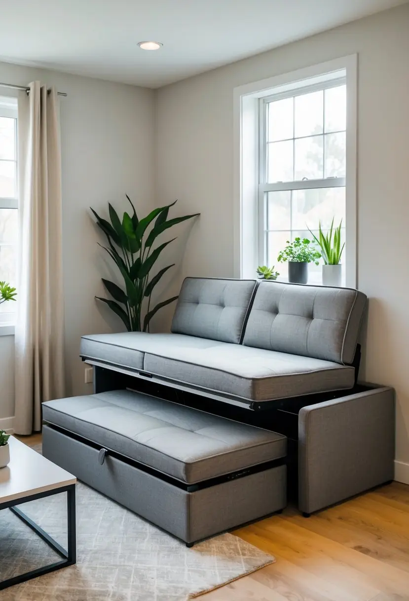 Small living room with a fold-out sofa and a storage ottoman, decorated with plants and natural light.