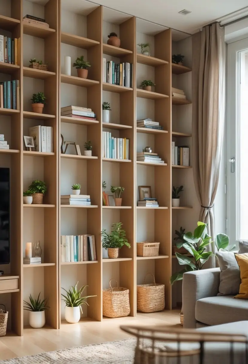 Small living room with tall, narrow shelving units filled with books and decor, maximizing vertical storage without crowding the floor.
