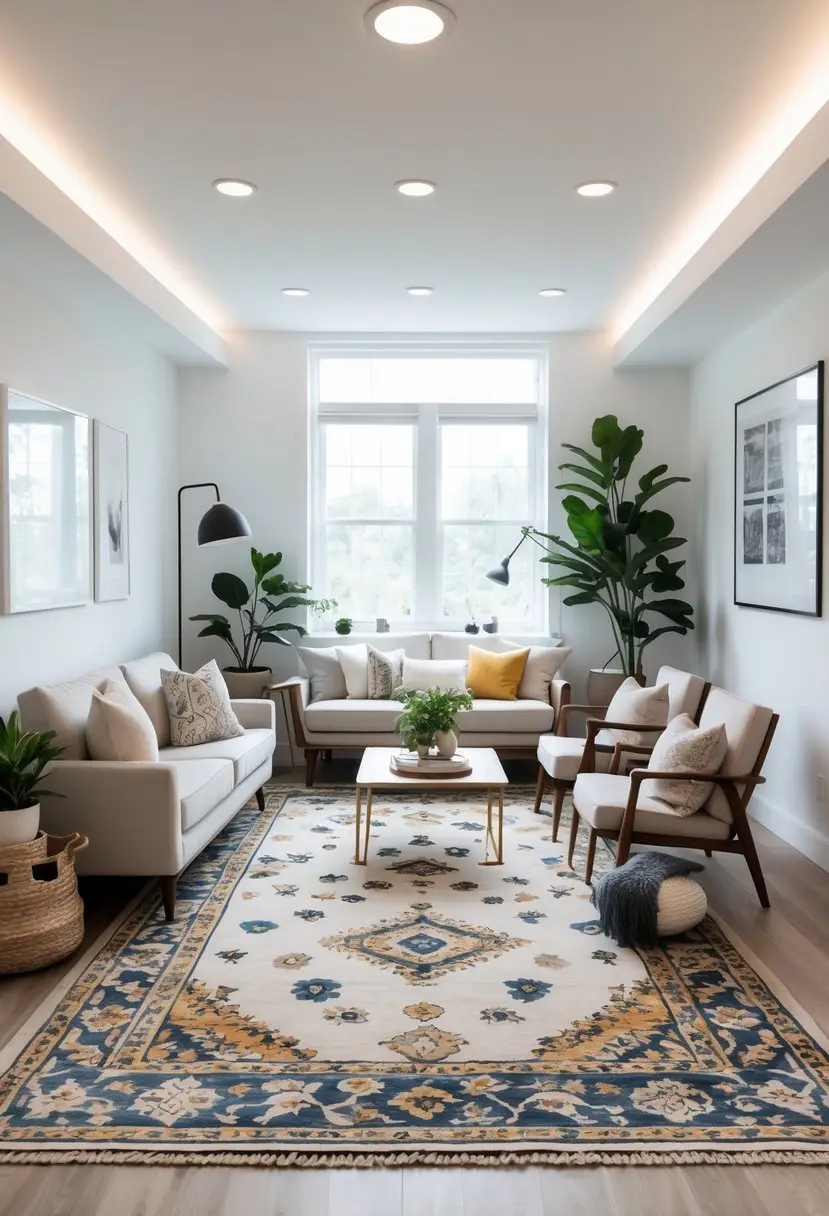 A small living room with a sofa, armchairs, coffee table, and a large area rug defining the seating area, with natural light coming through windows.