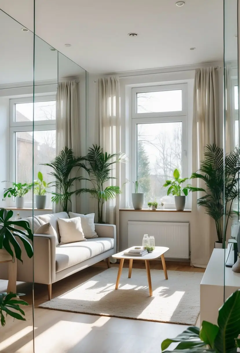 A small living room with mirrors reflecting light to create a bright and spacious feel, featuring a sofa, coffee table, and plants.