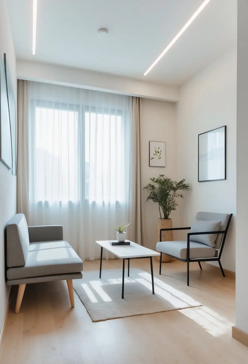 A small living room with a compact sofa, armchair, and coffee table all having exposed legs, brightened by natural light from a large window.