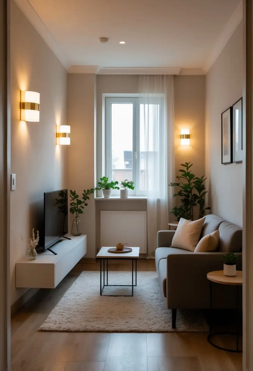A small living room with wall-mounted sconces providing warm light, a compact sofa, coffee table, and simple decor.