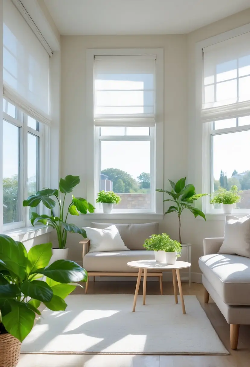 A small living room with large windows letting in natural light, simple window treatments, a sofa, coffee table, and plants.